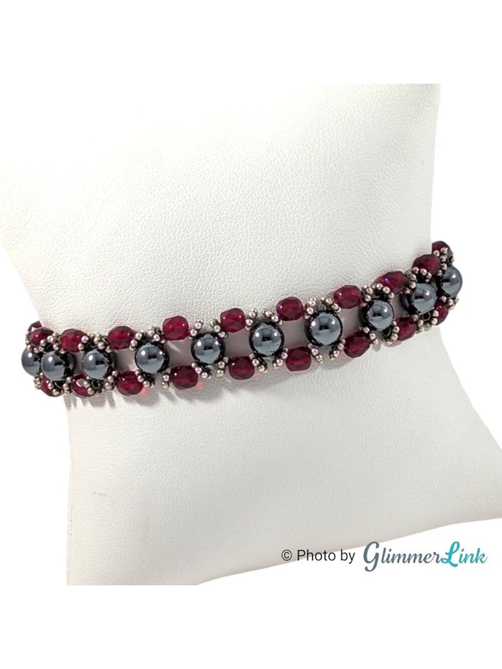 Sterling Silver Hematite Red Glass Beaded Bracelet Heart Toggle